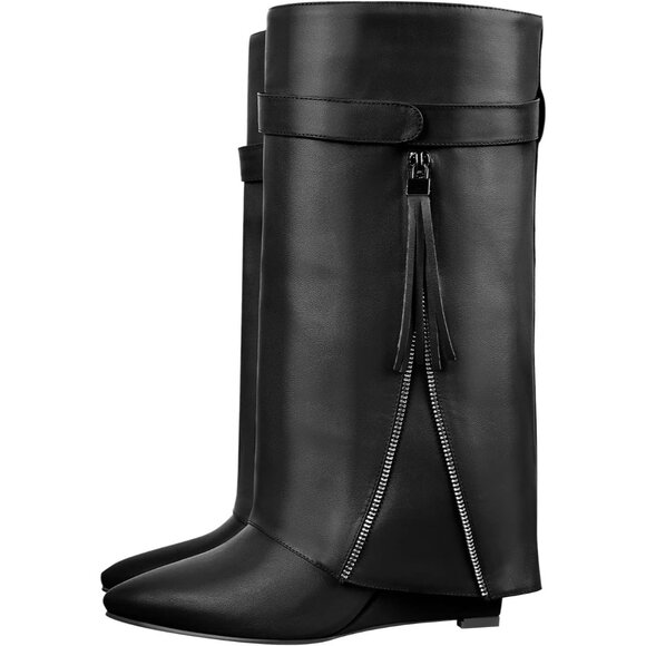Shoes - Women's Black Synthetic Knee High Fold over Wedge Heel Long Shark Pull on Boots